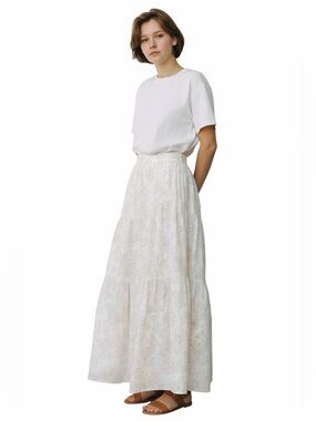 Sincerly Jules Cream Floral Tiered Maxi Skirt with Subtle Print
